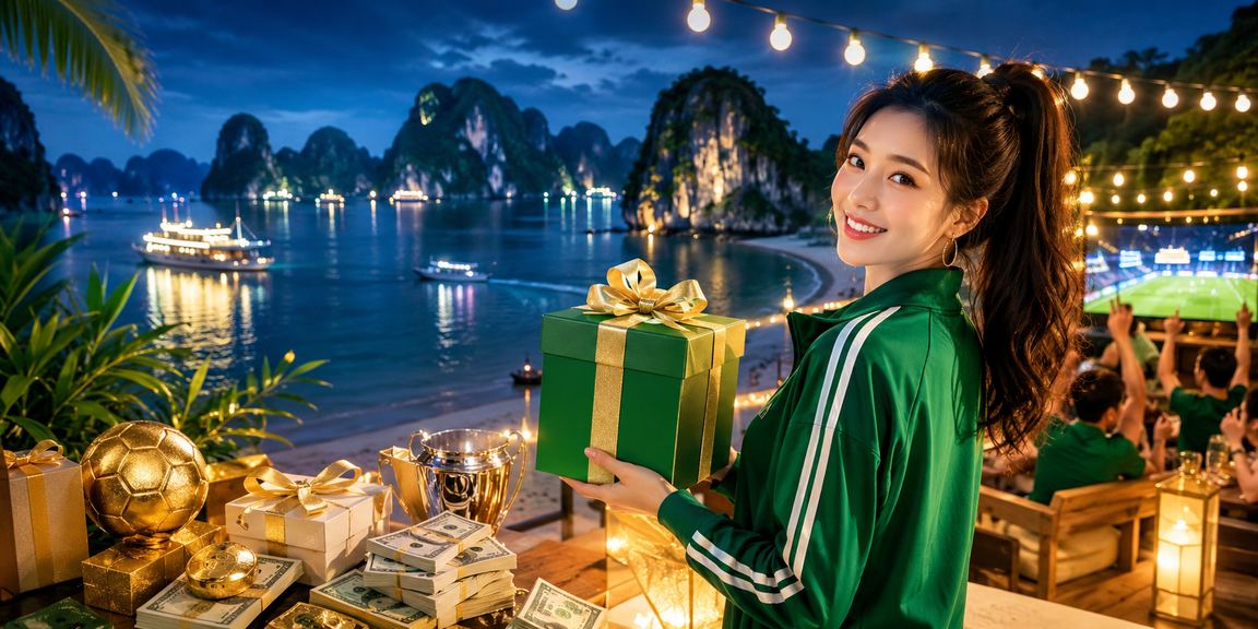 Người chơi nhận thưởng hoàn tiền casino bên bờ vịnh Hạ Long buổi hoàng hôn