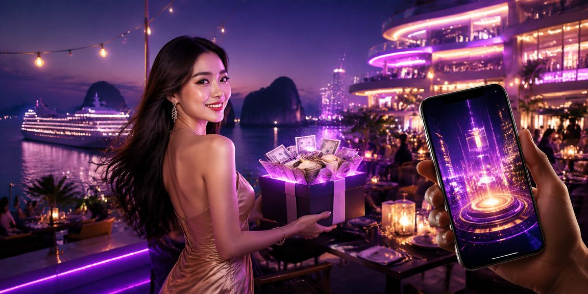 Giao diện casino mobile neon rực rỡ bên cảnh vịnh Hạ Long ban đêm